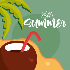 Canvas Print - hello summer travel and vacation season, coconut cocktail beach shore palm, lettering text