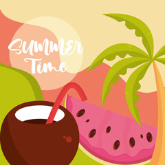 hello summer travel and vacation season, coconut cocktail watermelon palm tree, lettering text