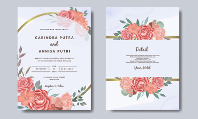   Elegant wedding invitation card with beautiful floral and leaves template Premium Vector