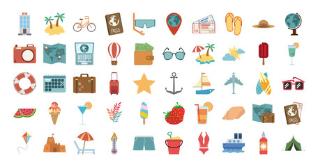 Sticker - summer travel and vacation in flat style isolated icons set