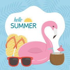 Canvas Print - summer travel and vacation float flamingo sandals sunglasses and cocktail