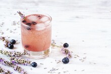 Blueberries And Lavender Syrup Cold Carbonated Lemonade (soda) With . Soft Focus. Place For Text. Copy Sp