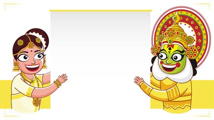 Wall Mural - kathakali dancer and south indian woman holding a blank paper on white and yellow background.