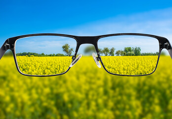 Wall Mural - Focused image of yellow field in glasses frame. Better vision concept.