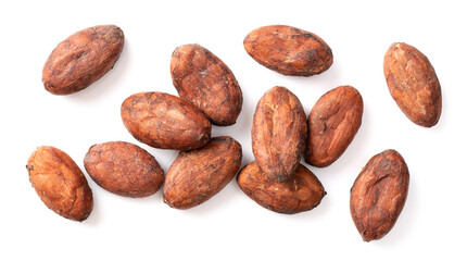 Wall Mural - dried unpeeled cocoa beans isolated on white background, top view