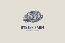 Hand-drawn Oyster Shell Vector Illustration. Logo Template For Oyster Farm, Fish Restaurant, Market, Seafood Store. Delicacy Emblem In The Engraving Style On A Light Background.