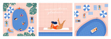 Set Of Summer Illustrations With Resting Young Beautiful Women. Plump Girls In Swimsuits Lie And Spend Leisure Time Near The Pool. Summer Relaxing Holiday. Vector Illustration In Trendy Flat Style.