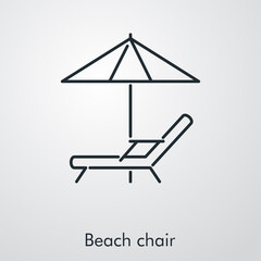 Sticker - Concepto de vacaciones y viajes. Icono plano lineal silla de playa con sombrilla en fondo gris