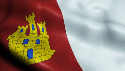 3D Waving Spain Province Flag of Castilla La Mancha Closeup View