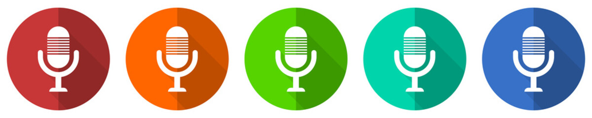 Fototapete - Microphone, audio, record, radio icon set, red, blue, green and orange flat design web buttons isolated on white background, vector illustration