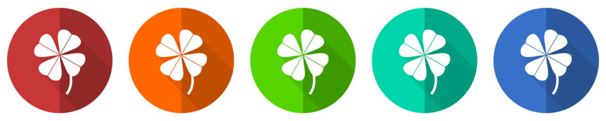 Aufkleber - Four-leaf clover icon set, red, blue, green and orange flat design web buttons isolated on white background, vector illustration