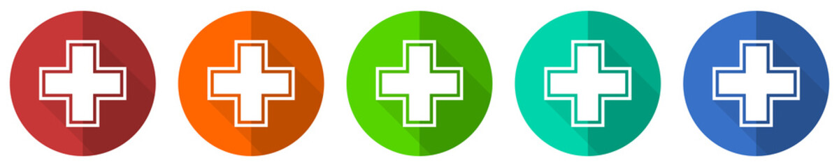 Aufkleber - Pharmacy icon set, red, blue, green and orange flat design web buttons isolated on white background, vector illustration