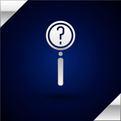 Poster - Silver Magnifying glass with search icon isolated on dark blue background. Detective is investigating. Vector Illustration.