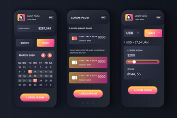 Personal finance management neomorphic design kit. Budgeting app with financial monitoring of bank and credit card accounts. Online banking UI, UX template set. GUI for responsive mobile application