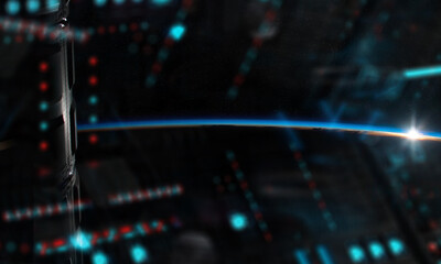 Wall Mural - view of planet earth horizon from a space station window during a sunrise 3d rendering elements of t
