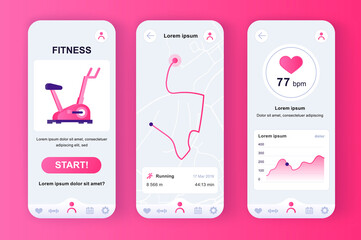 Fototapete - Fitness workout unique neomorphic pink design kit for mobile app. Fitness tracker with running route planner and heart rate monitor. Sport UI, UX template set. GUI for responsive mobile application.