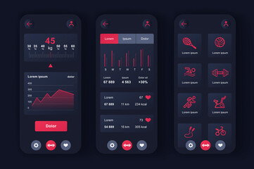 Poster - Fitness workout unique neomorphic design kit for app. Choice of fitness program, health monitoring and current activity level. Sport planner UI, UX template set. GUI for responsive mobile application.