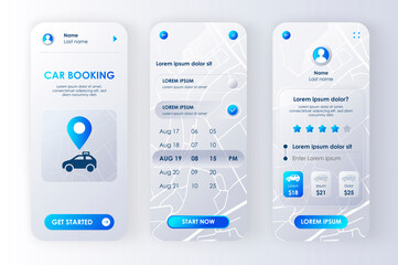 Car booking unique neomorphic design kit for app. Car sharing service UI, UX template set. Online rent car screens with prices, calendar planner and rating. GUI for responsive mobile application.