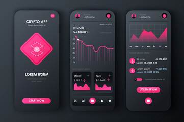 Fototapete - Cryptocurrency unique neomorphic design kit for app. Bitcoin mining screens with charts and financial analytics. Cryptocurrency trading platform UI, UX templates. GUI for responsive mobile application