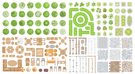 vector set for landscape design. outdoor furniture, architectural elements, trees and plants. (top v