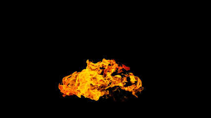 Fire flames on black background isolated. Burning gas or gasoline burns with fire and flames. Flaming burning sparks close-up, fire patterns. Infernal glow of fire in the dark with copy-space