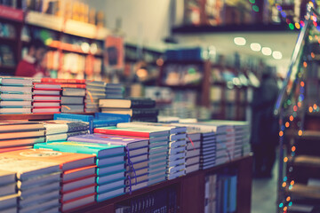 lot of new books in hardcover. image of Abstract Blur people at book store in shopping mall for background usage. toned