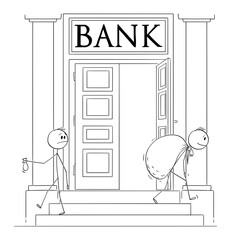 Canvas Print - Vector cartoon stick figure drawing conceptual illustration of businessman leaving bank with small bag of money while another man carry big bag. Loan, debt or investment concept.