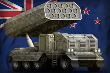 rocket artillery, missile launcher with grey camouflage on the New Zealand national flag background. 3d Illustration