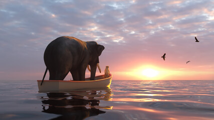 Wall Mural - elephant and dog sail in a boat at sea