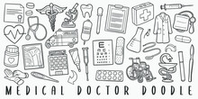 Medical Doctor Doodle Line Art Illustration. Hand Drawn Vector Clip Art. Banner Set Logos.