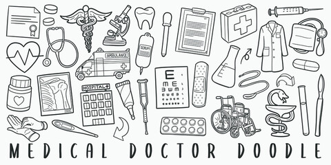 Wall Mural - Medical Doctor Doodle Line Art Illustration. Hand Drawn Vector Clip Art. Banner Set Logos.