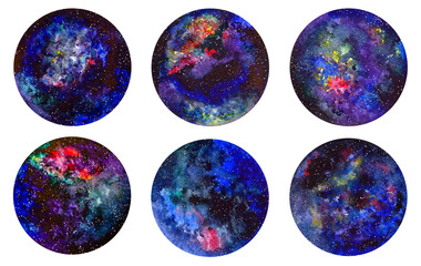 watercolor galaxy deep outer space with stars and nebula. hand drawn circle cosmos illustration isol