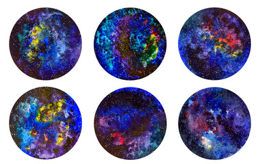 watercolor galaxy deep outer space with stars and nebula. hand drawn circle cosmos illustration isol