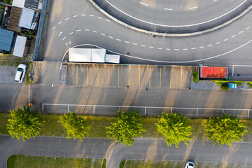 aerial view of roundabout with parking