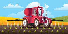Agricultural Sprayer Watering Plants In The Farmer's Field. Vector Illustration.