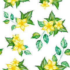 Seamless pattern with small yellow flowers and leaf sprigs isolated on a white background. Minimalistic spring watercolor illustration. Artwork for packaging design, wrapping, greeting cards, textile.