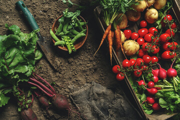 fresh vegetables, potato, radish, tomato, carrot, beetroot in wooden box on ground on farm at sunset