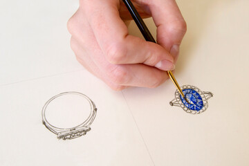 Drawing Jewelry Design. Drawing sketch jewelry on paper . Creativity Ideas. Design Studio.