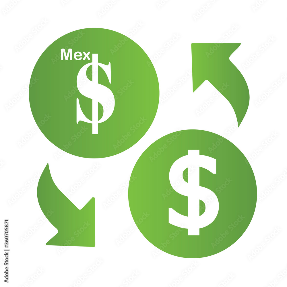 Mexican Peso MXN Exchange to US Dollar USD Vector Icon Logo Illustration  Design. Mexico Currency, Economy, Finance, & Business Element. EPS 10  Vector illustration. Can be used for Web, Mobile, Stock Vector |