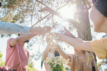 Sticker - Group of young friends in casualwear clinking with glasses of drinks at dinner