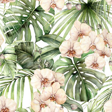 Watercolor Seamless Pattern With Jungle Palm Leaves And Orchids. Hand Painted Exotic Flowers And Leaves Isolated On White Background. Floral Tropical Illustration For Design, Fabric Or Background.