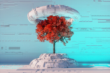 Wall Mural - a red tree in a futuristic room (3d rendering)