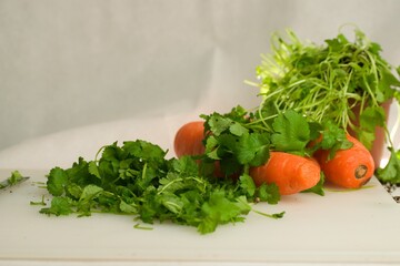 Wall Mural - Fresh coriander leaves and carrots on the table