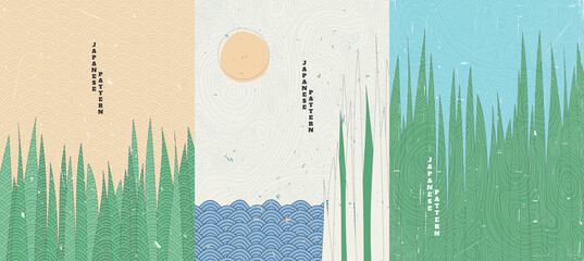 Wall Mural - Vector illustration. Minimalist style. Grass near water. Cane. Japanese old style. Topographic pattern. Design for poster,  cover, greeting card, brochure. Line art. Grunge textured backgrounds set