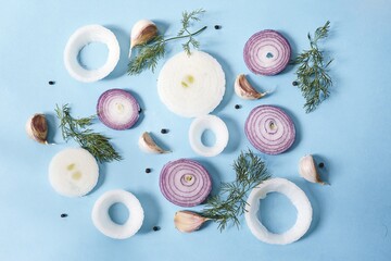 Canvas Print - Top view of raw onion rings with peppercorns, garlic and dill on a blue surface