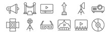 12 Set Of Linear Cinema Icons. Thin Outline Icons Such As Dvd, Theater, Spotlight, Spotlight, Video Player, Carpet For Web, Mobile.