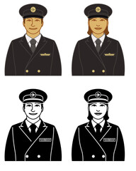 Wall Mural - set of airline pilot, captain vector icons male and female, wearing suit, tie and cap, isolated on a white background