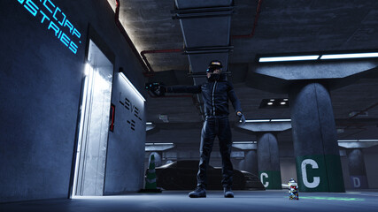 man pointing a gun and waiting in front of the elevator in the dark parking garage, futuristic sci fi cyberpunk scene, 3D background concept