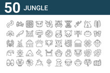 Set Of 50 Jungle Icons. Outline Thin Line Icons Such As Map, Binoculars, Toucan, Spider, Fern, Buggy, Rhinoceros, Tiger, Hut, Girl