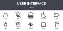 User Interface Concept Line Icons Set. Contains Icons Usable For Web, Logo, Ui/ux Such As Mute, Night Mode, Lamp, Contrast, Laptop, Coffee, Video, Hamburger